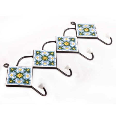 Turquoise And Forest Green Ceramic Floral Tiles Hooks